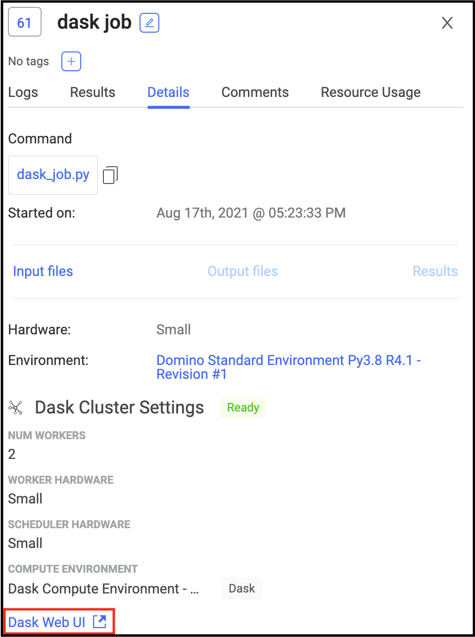 Access the Dask web UI from Jobs