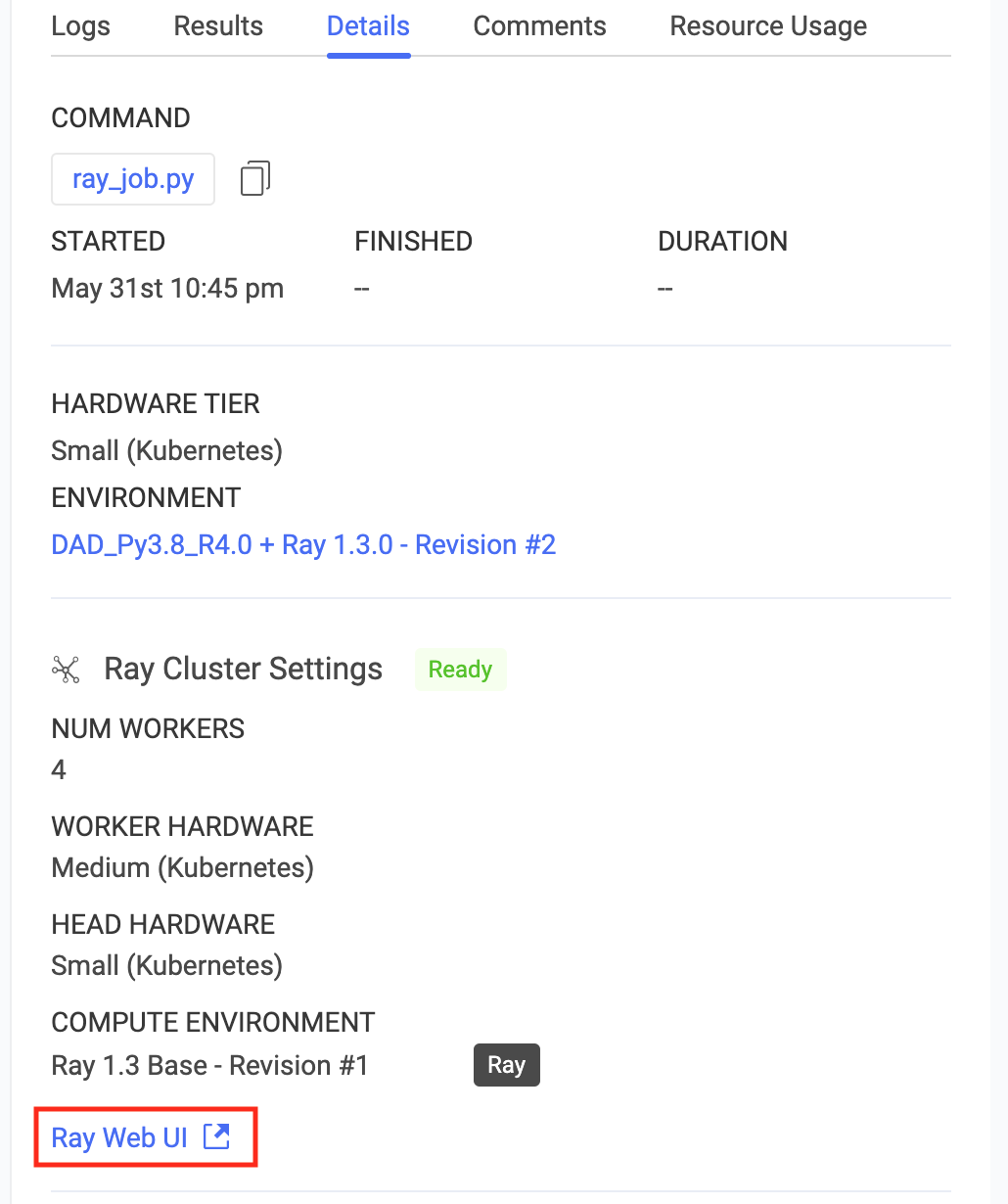 Access Ray UI via Jobs Details tab