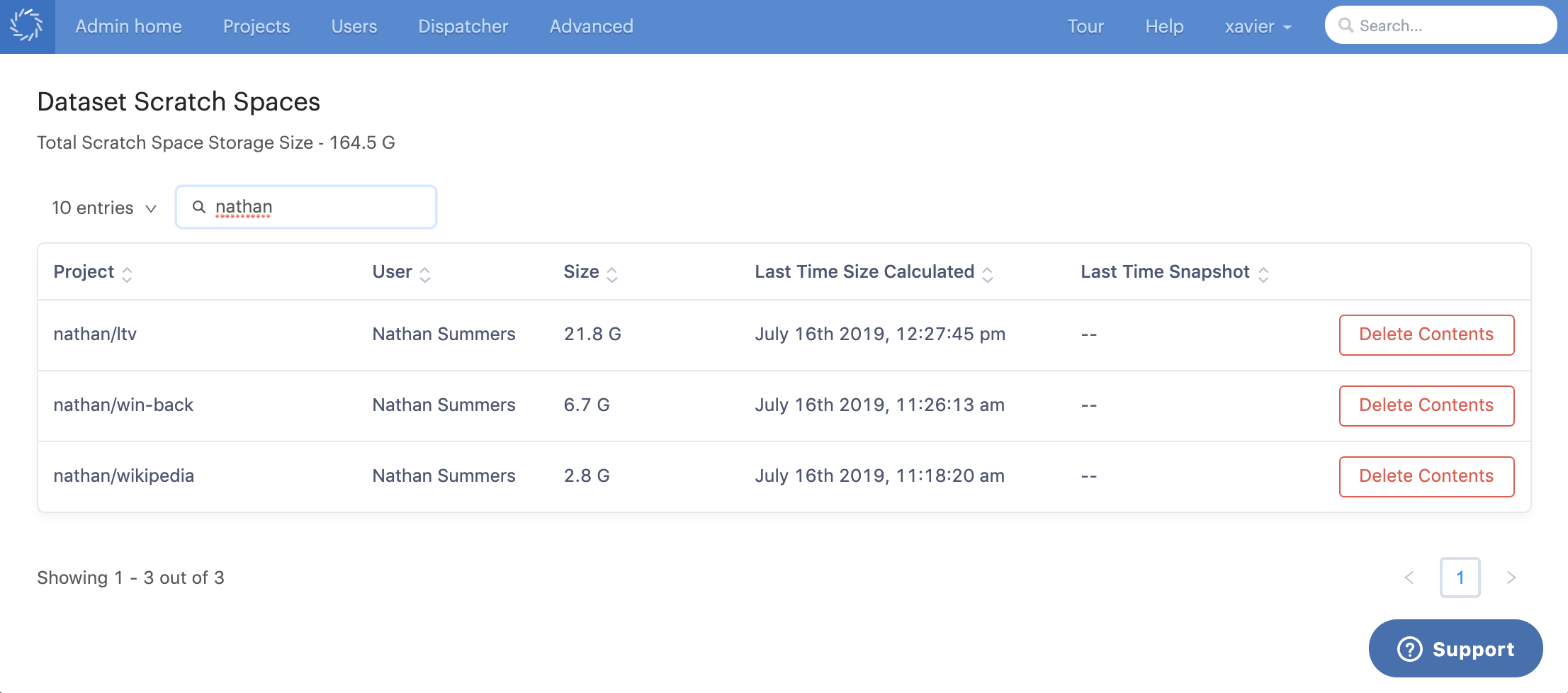 Datasets Scratch Space Admin Filtering