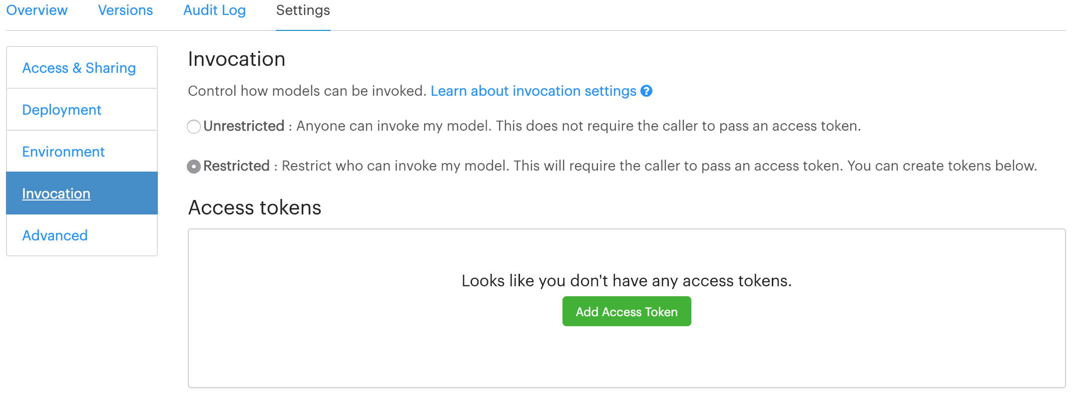 Authorize a model API in a specific mode