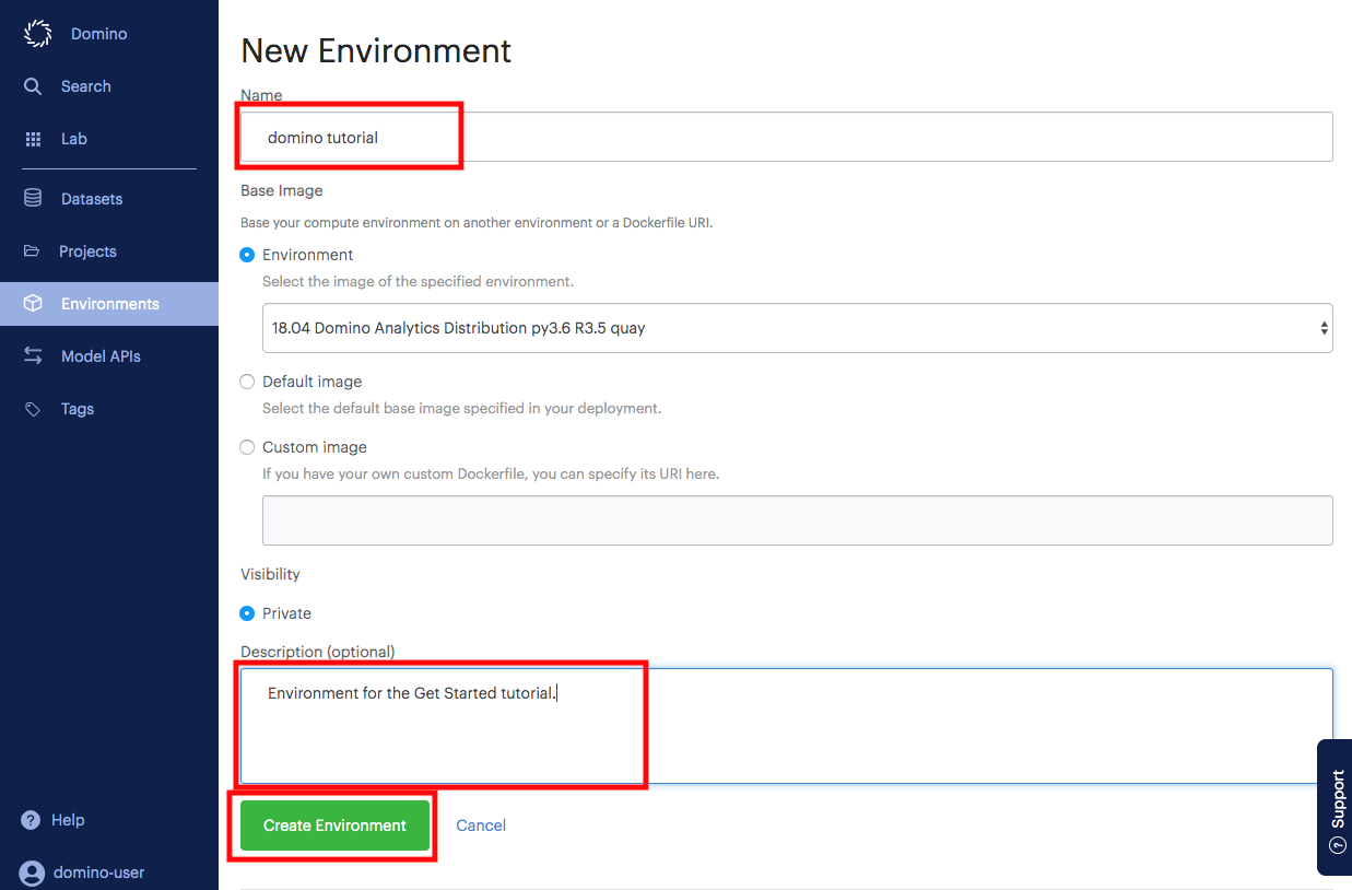 Add Environment details then Create Environment