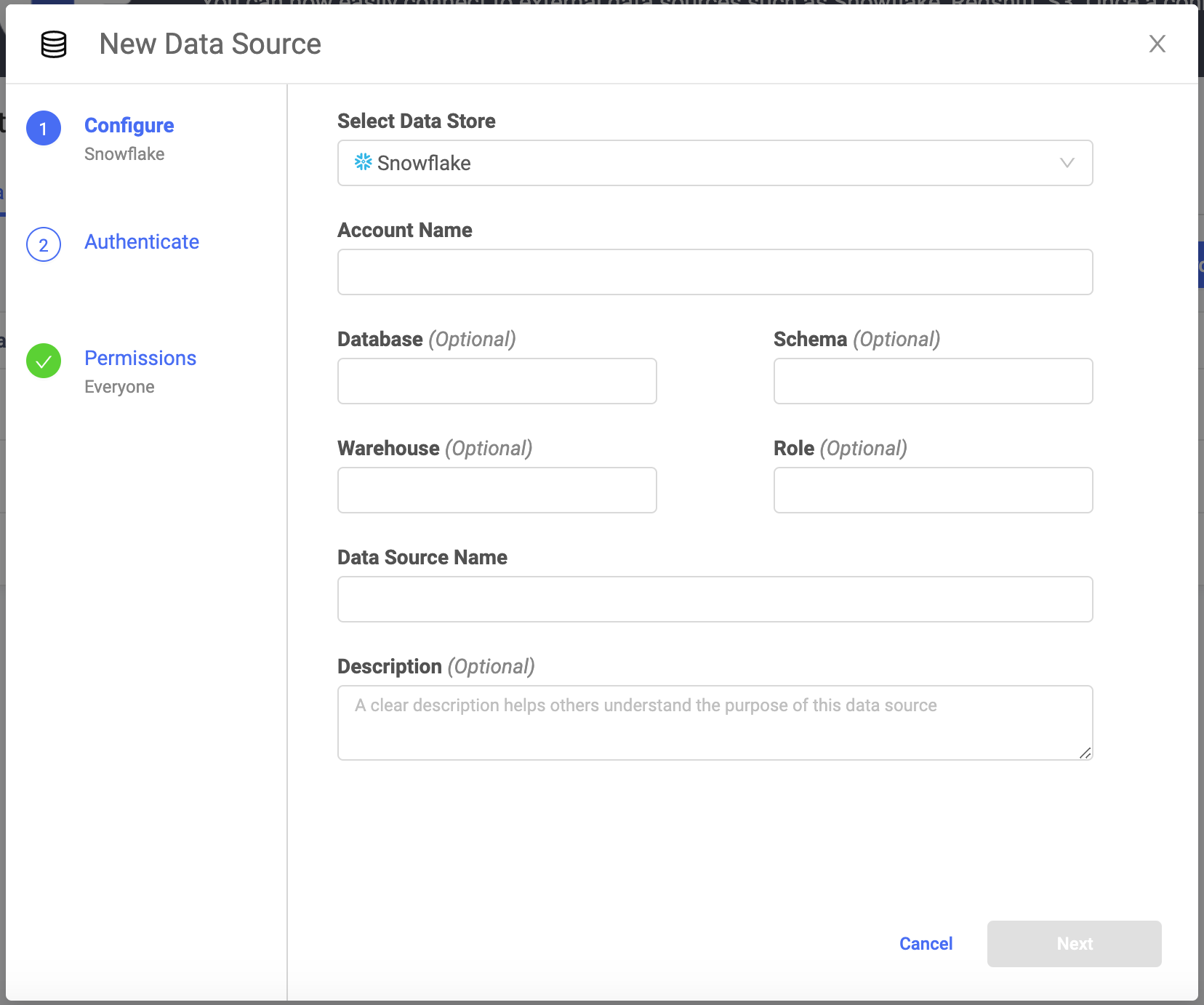 Select Snowflake as the Data Source