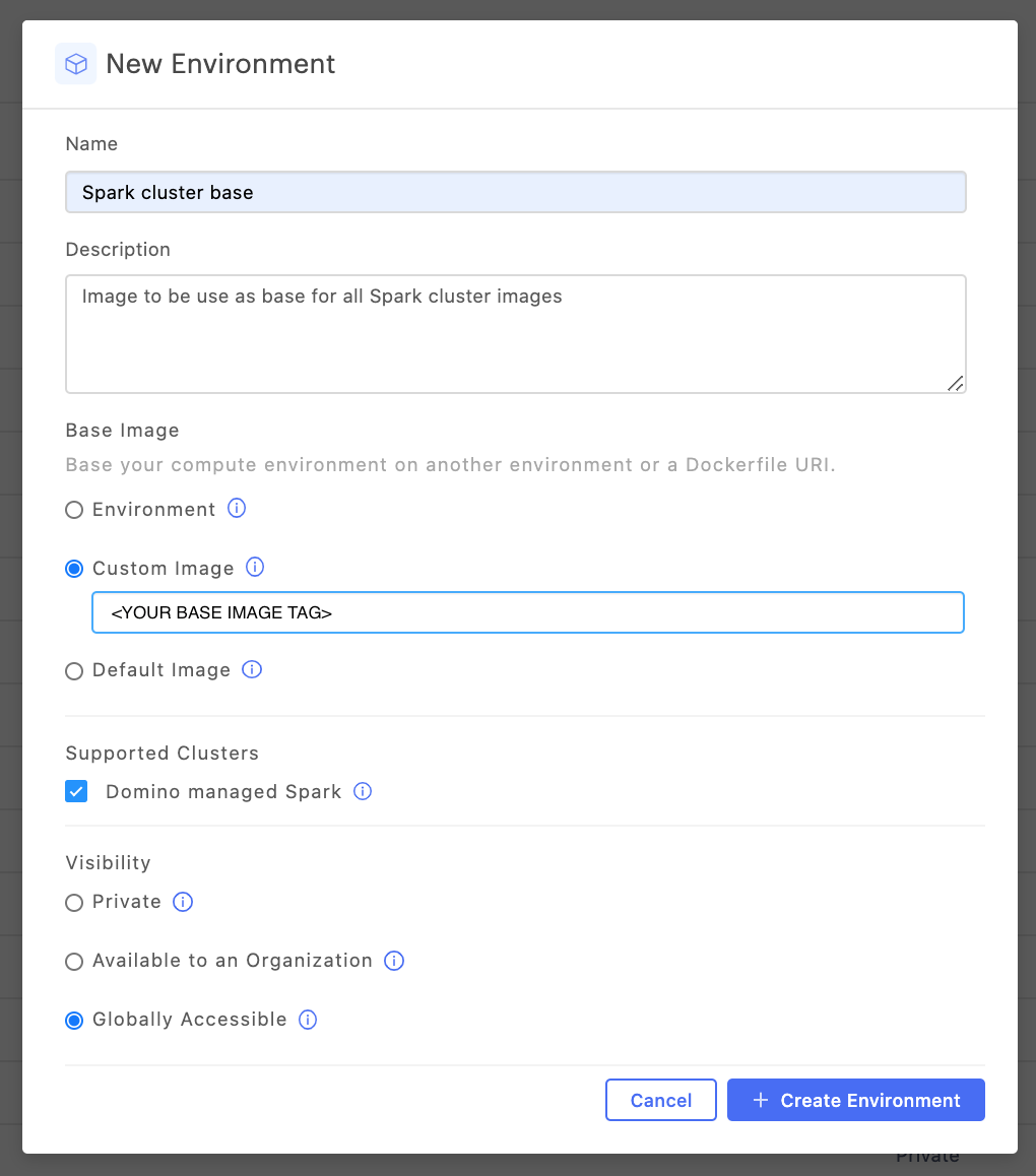 New Spark base environment modal