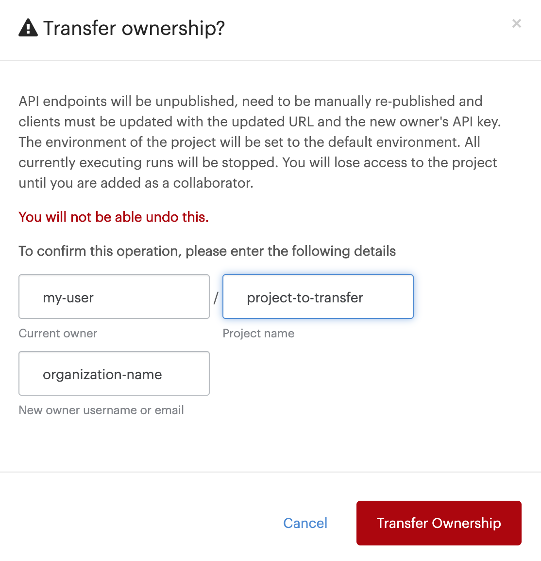 Transfer ownership to an organization