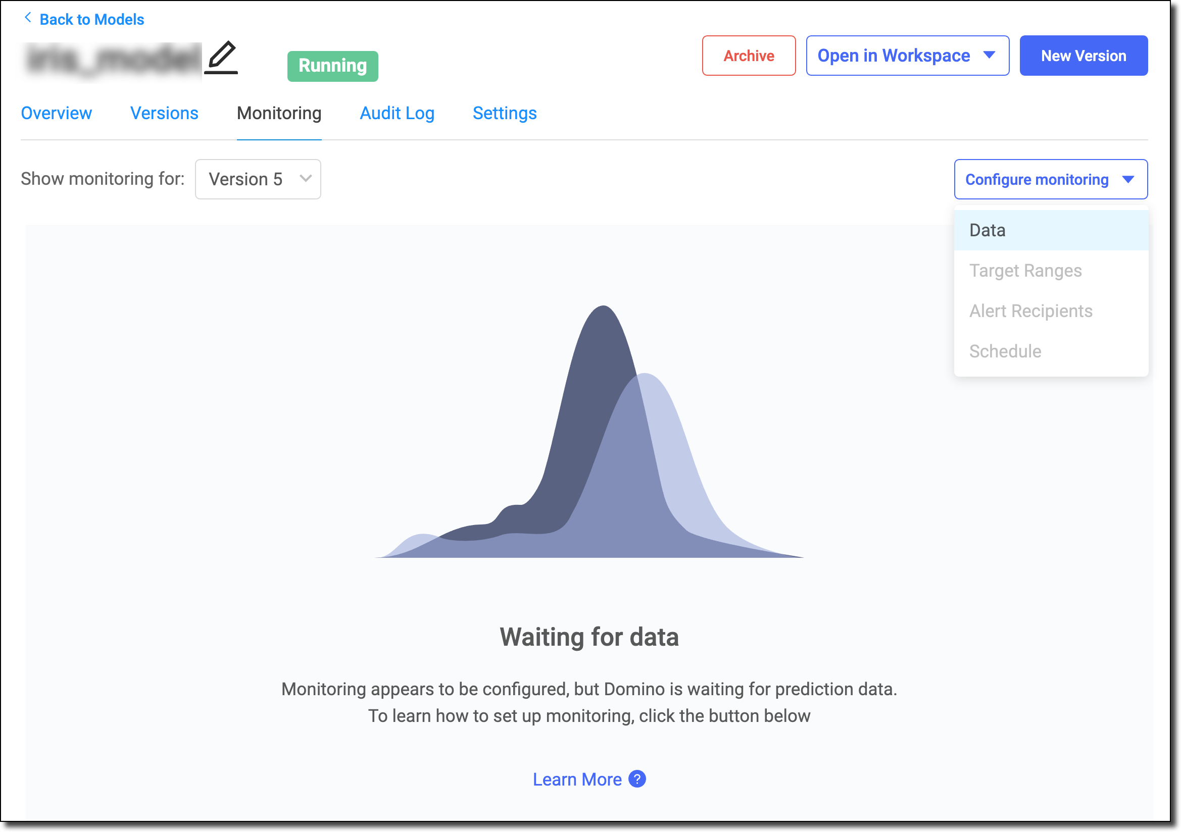 The Monitoring page shows the Waiting for data message.