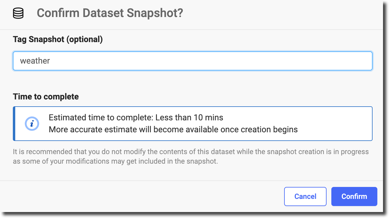 The Confirm Dataset Snapshot window