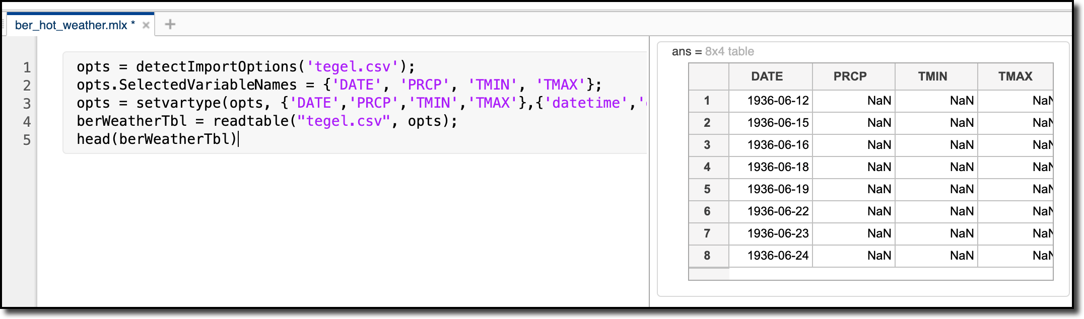 The MATLAB table