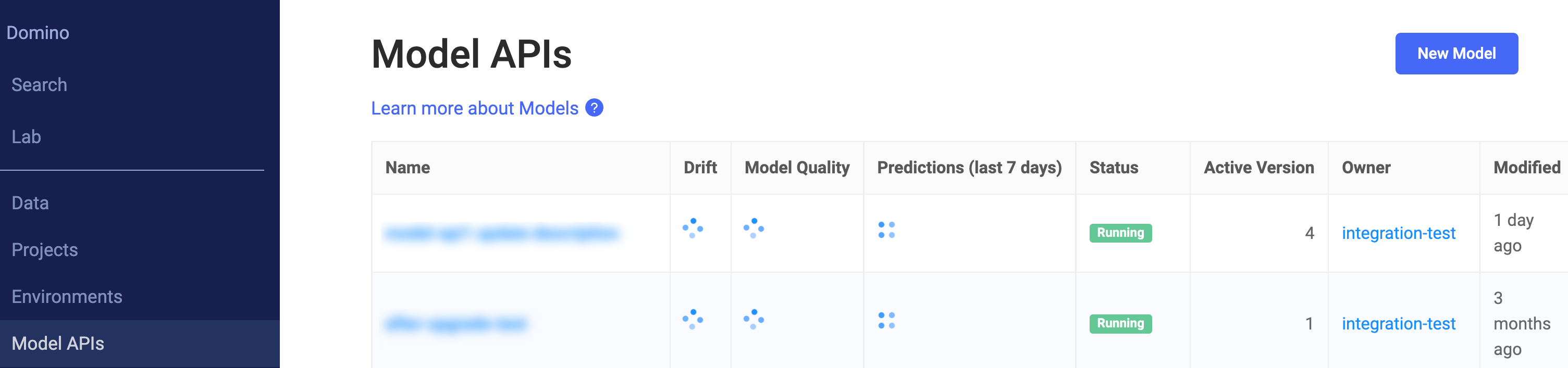 Model APIs page with the New Model button.