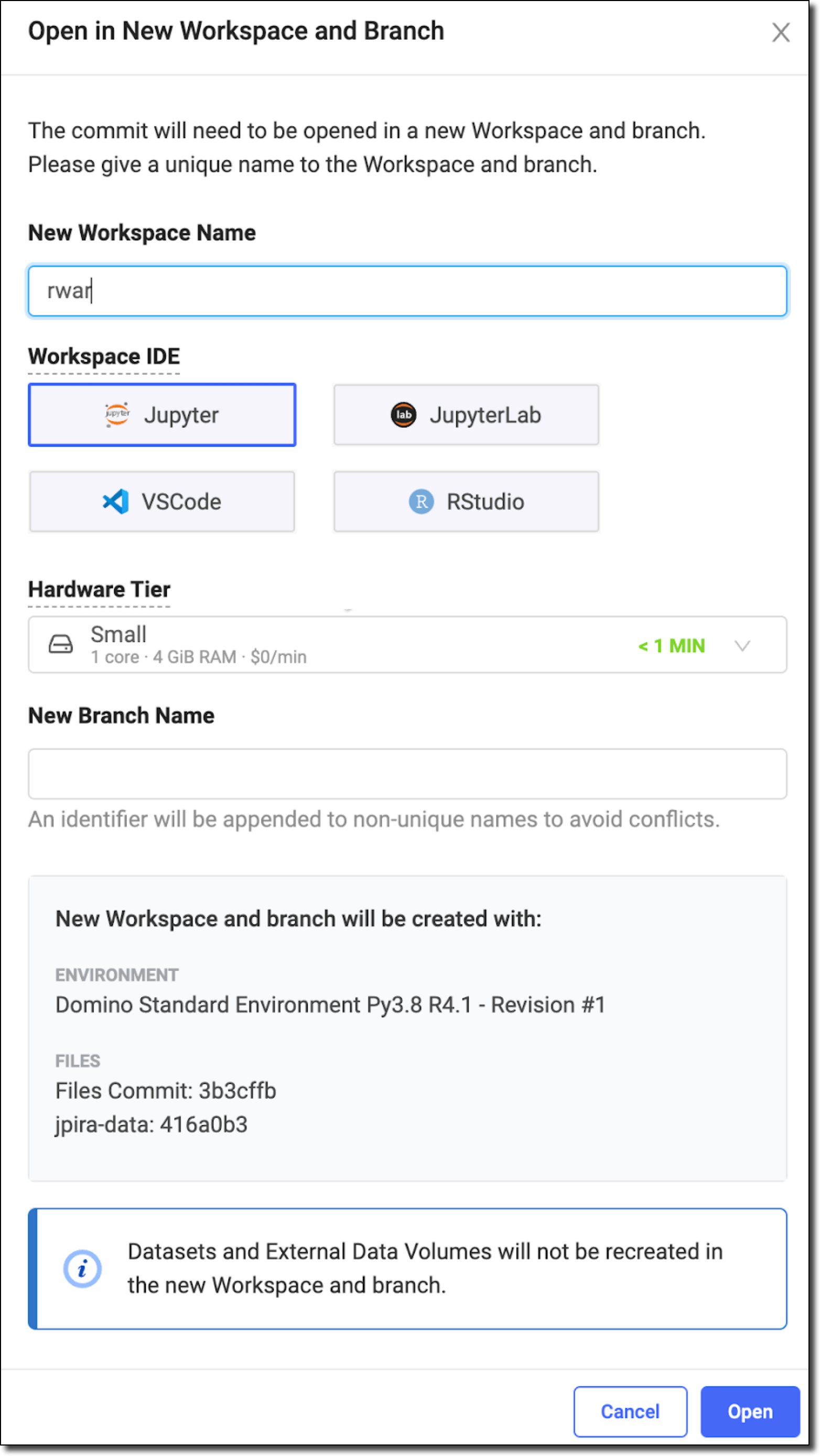 The Open in New Workspace and Brank window shows a list of tools to create a new workspace.