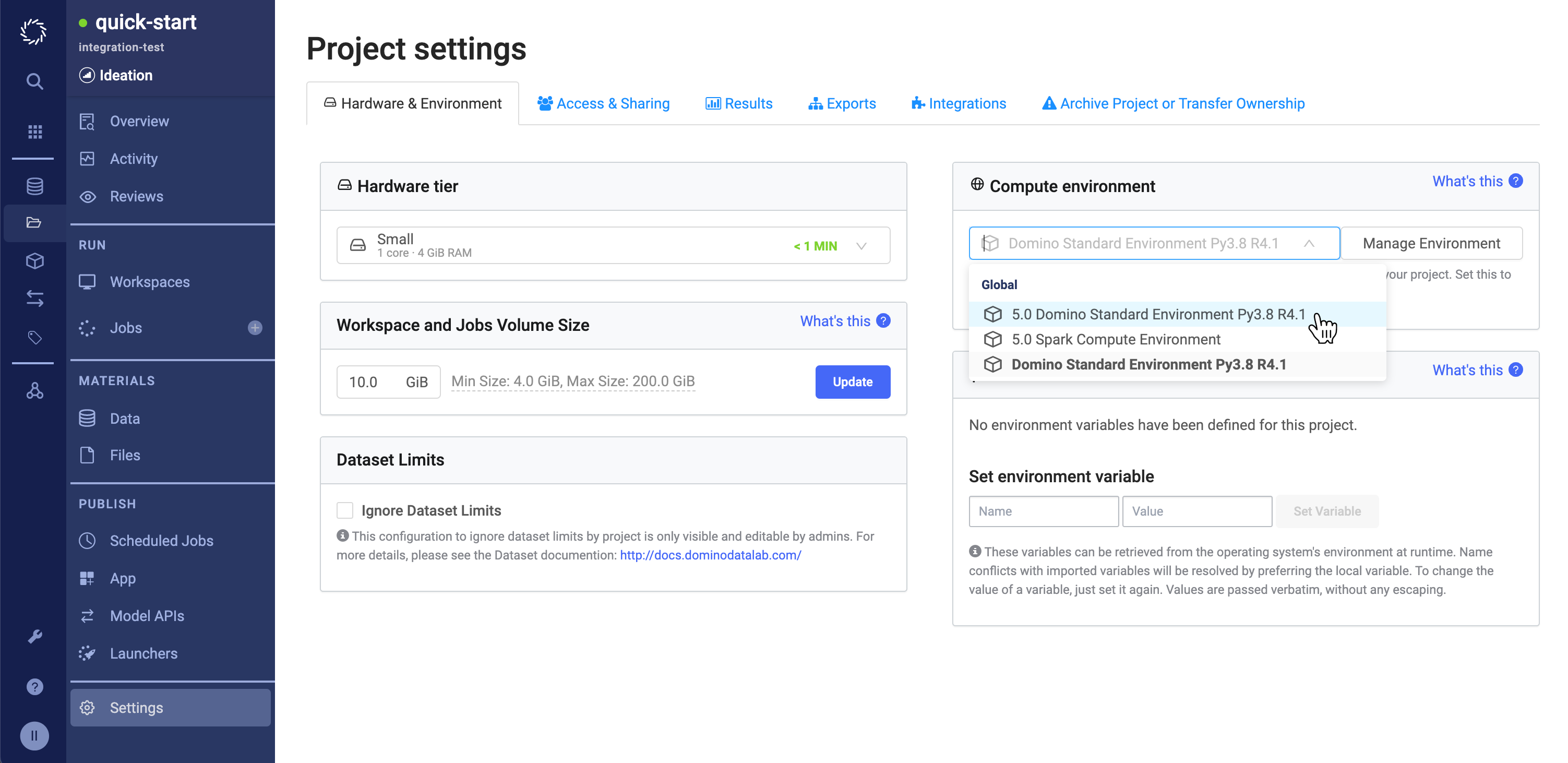 Project environment selection