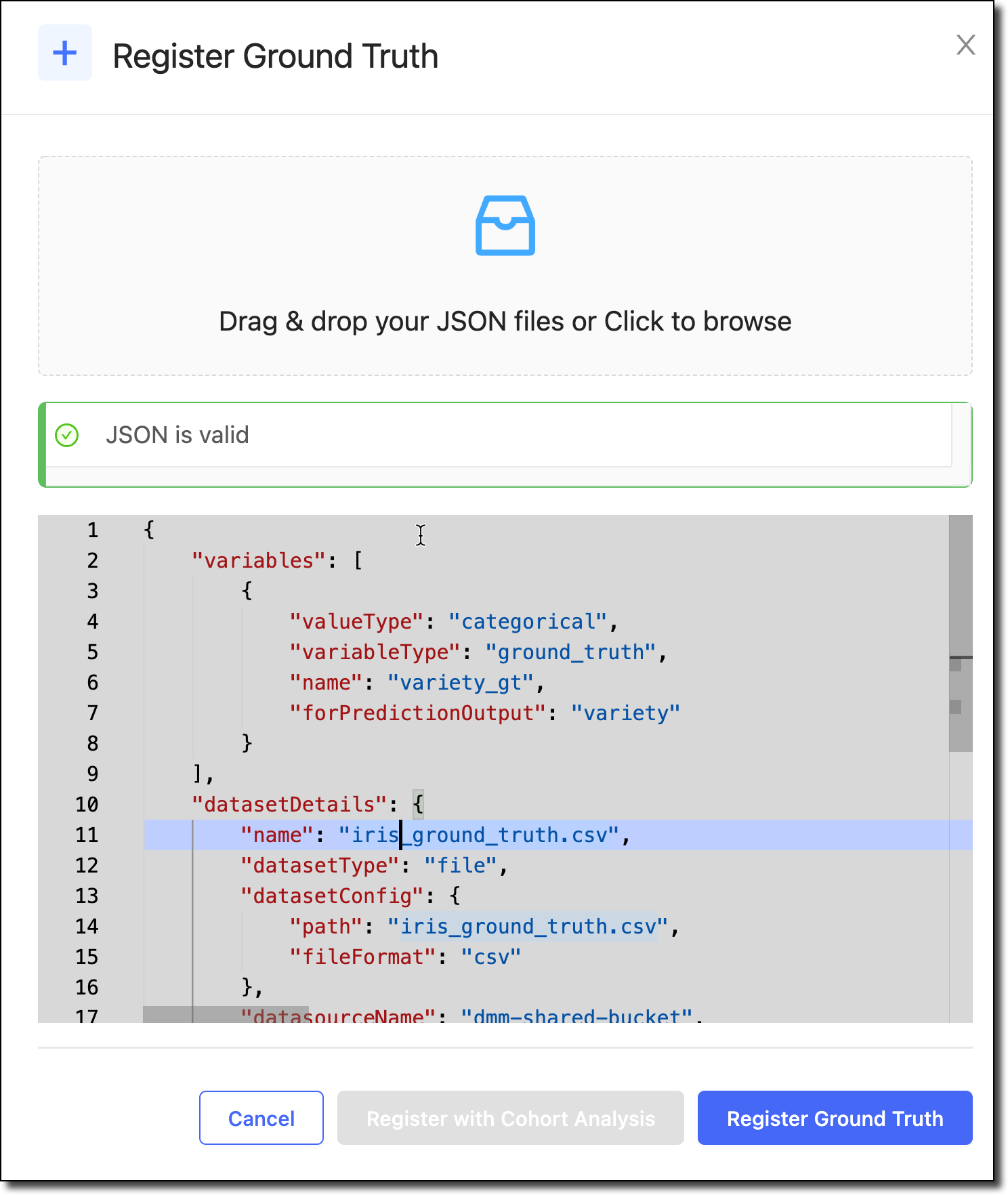 Upload a file or add JSON to the Register Ground Truth window.