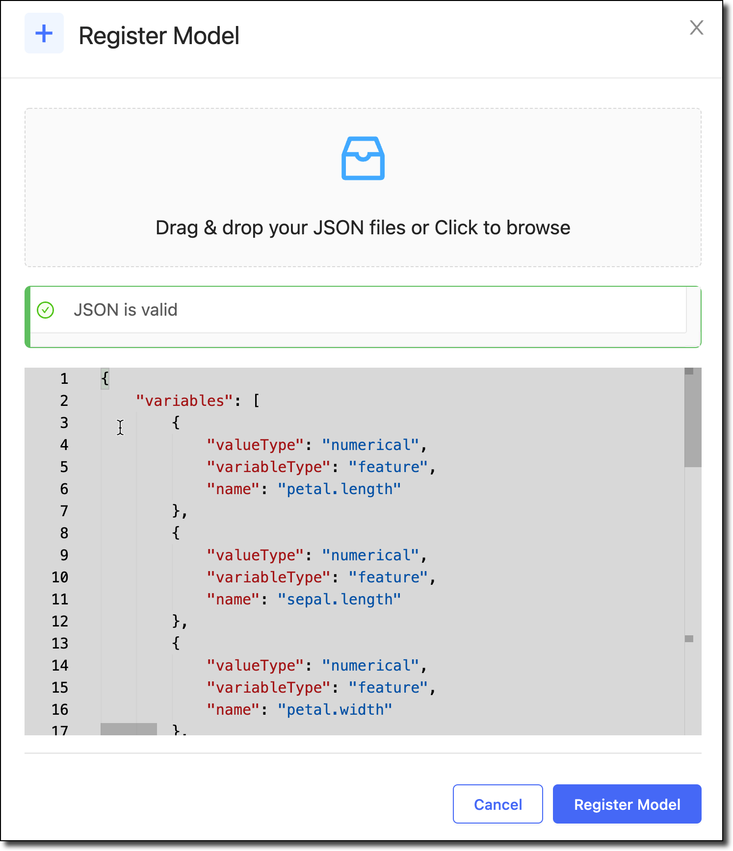 Upload a file or add JSON to the Register Model window.