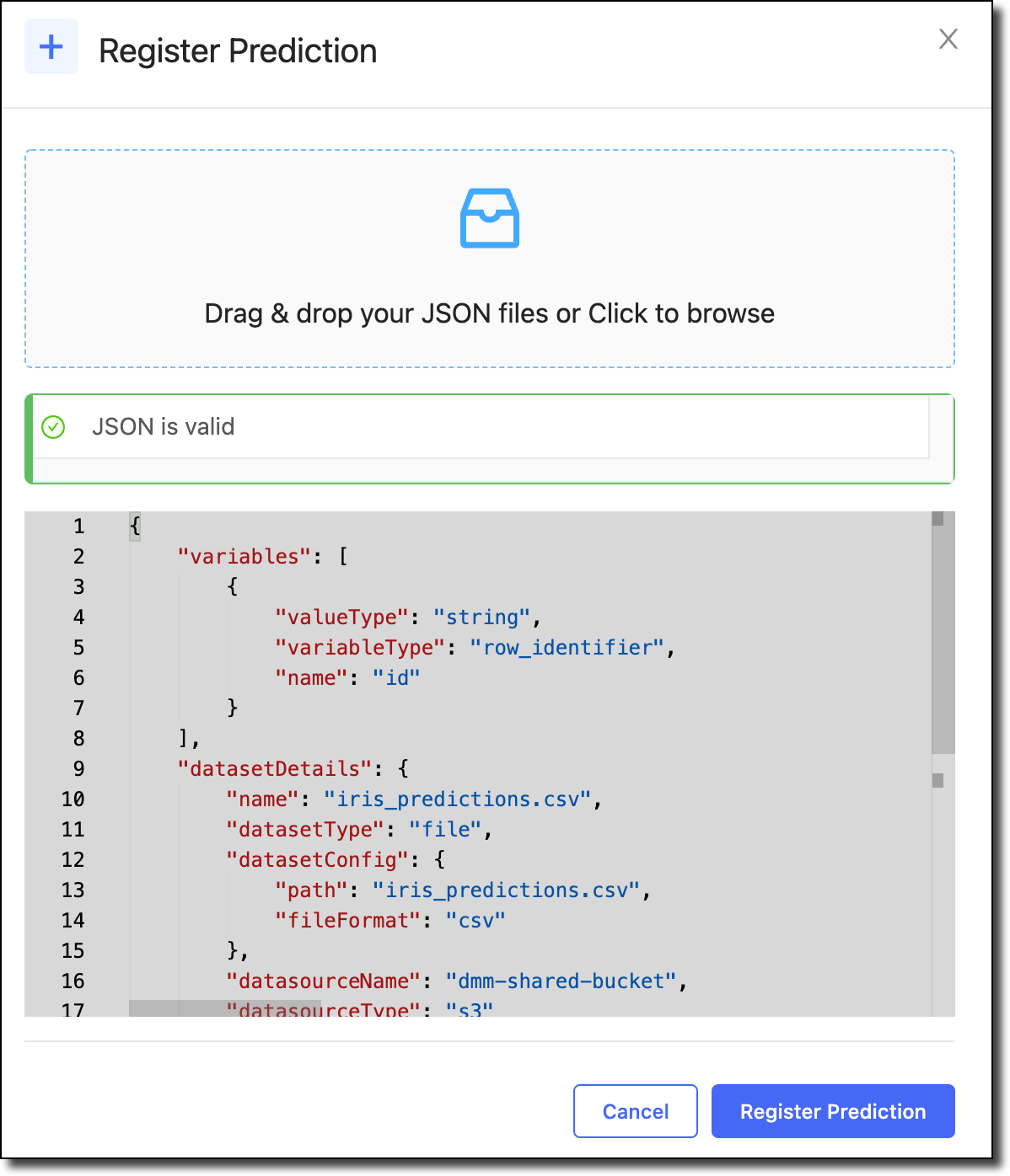 Upload a file or add JSON to the Register Prediction window.