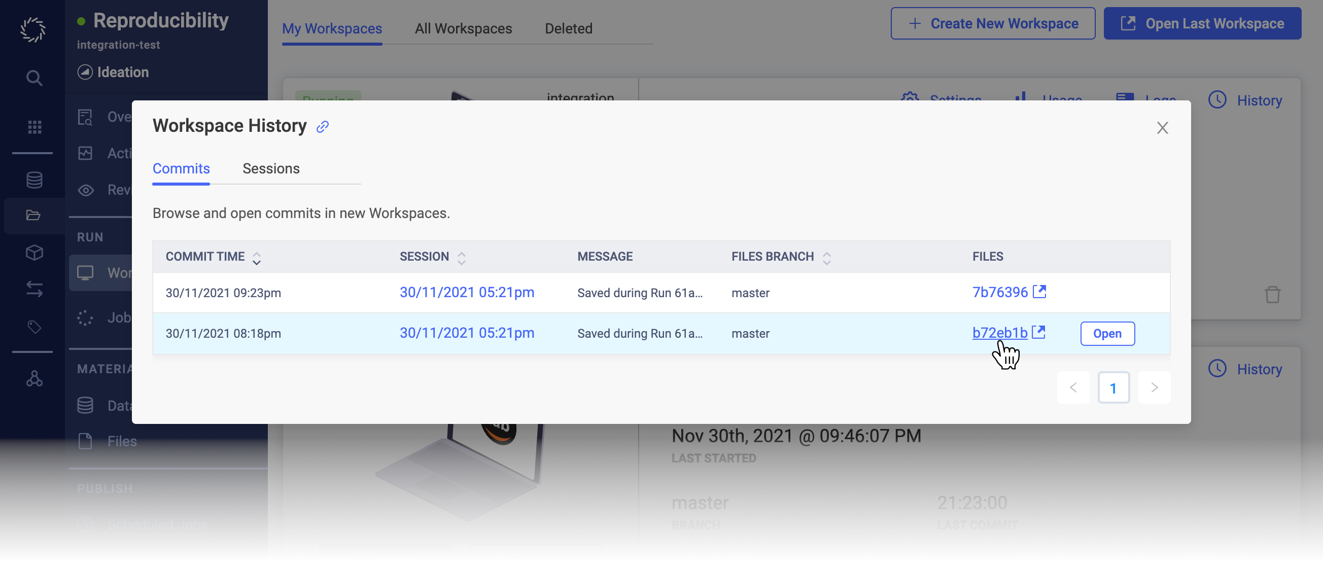 Review a workspace’s commit history