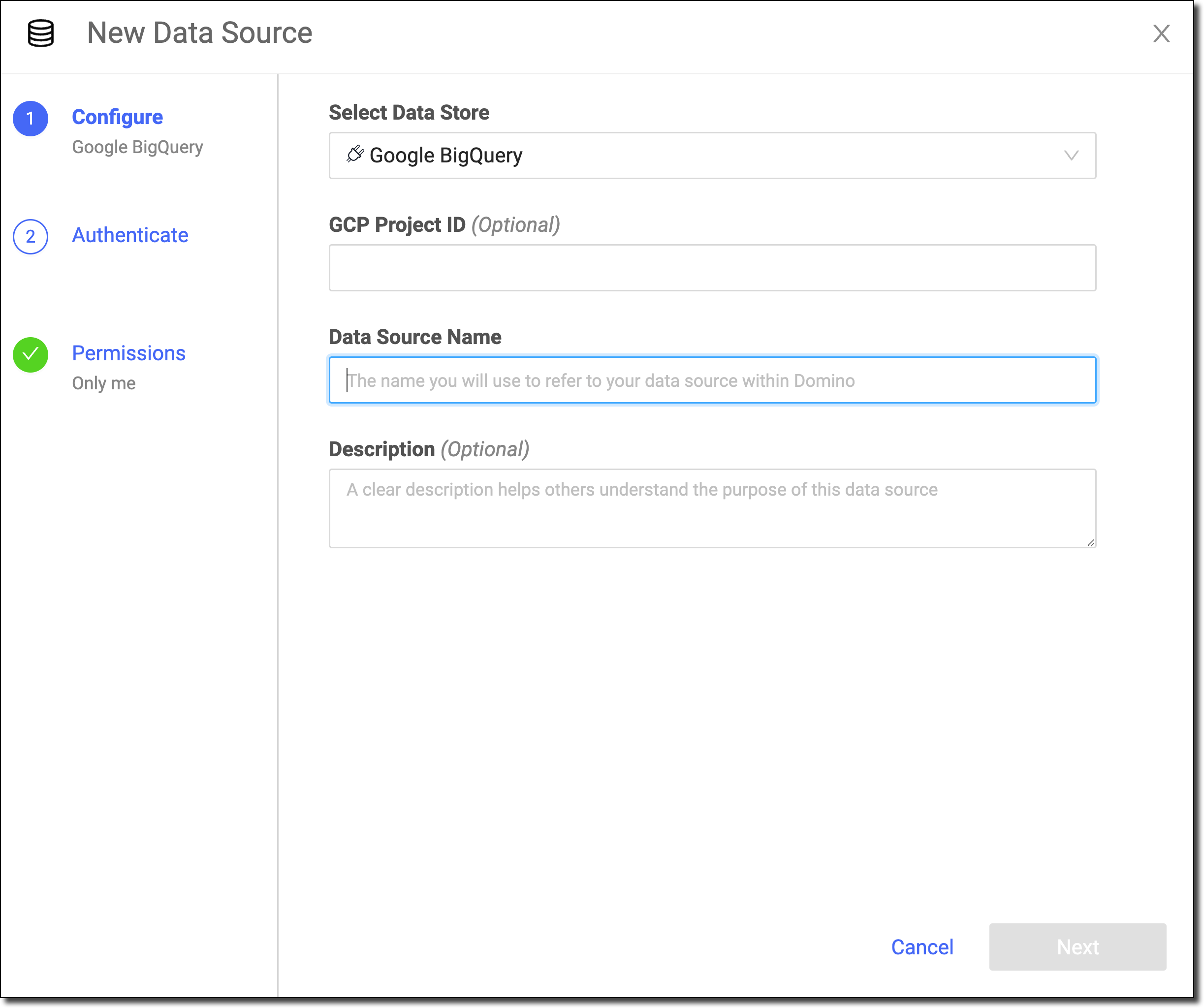 Select Google BigQuery as the Data Source