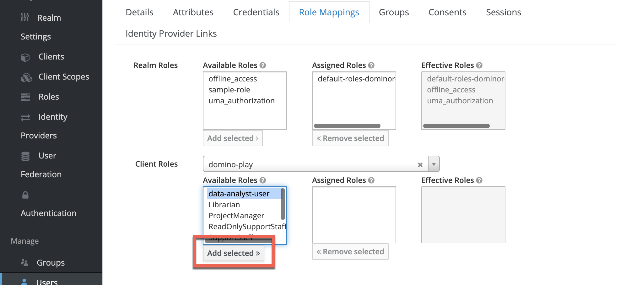 Assign a user to the Data Analyst role in Keycloak