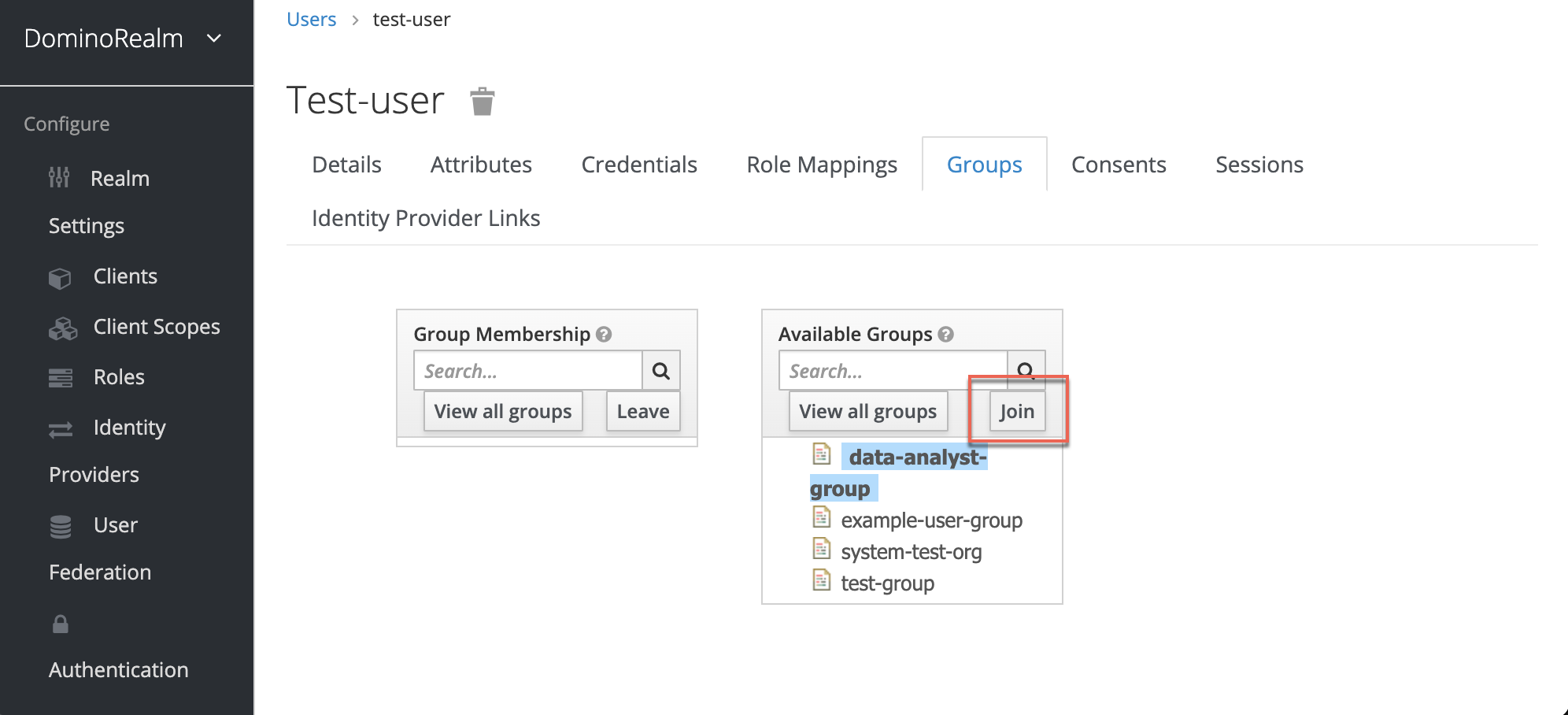 Use Keycloak groups to assign the Data Analyst role