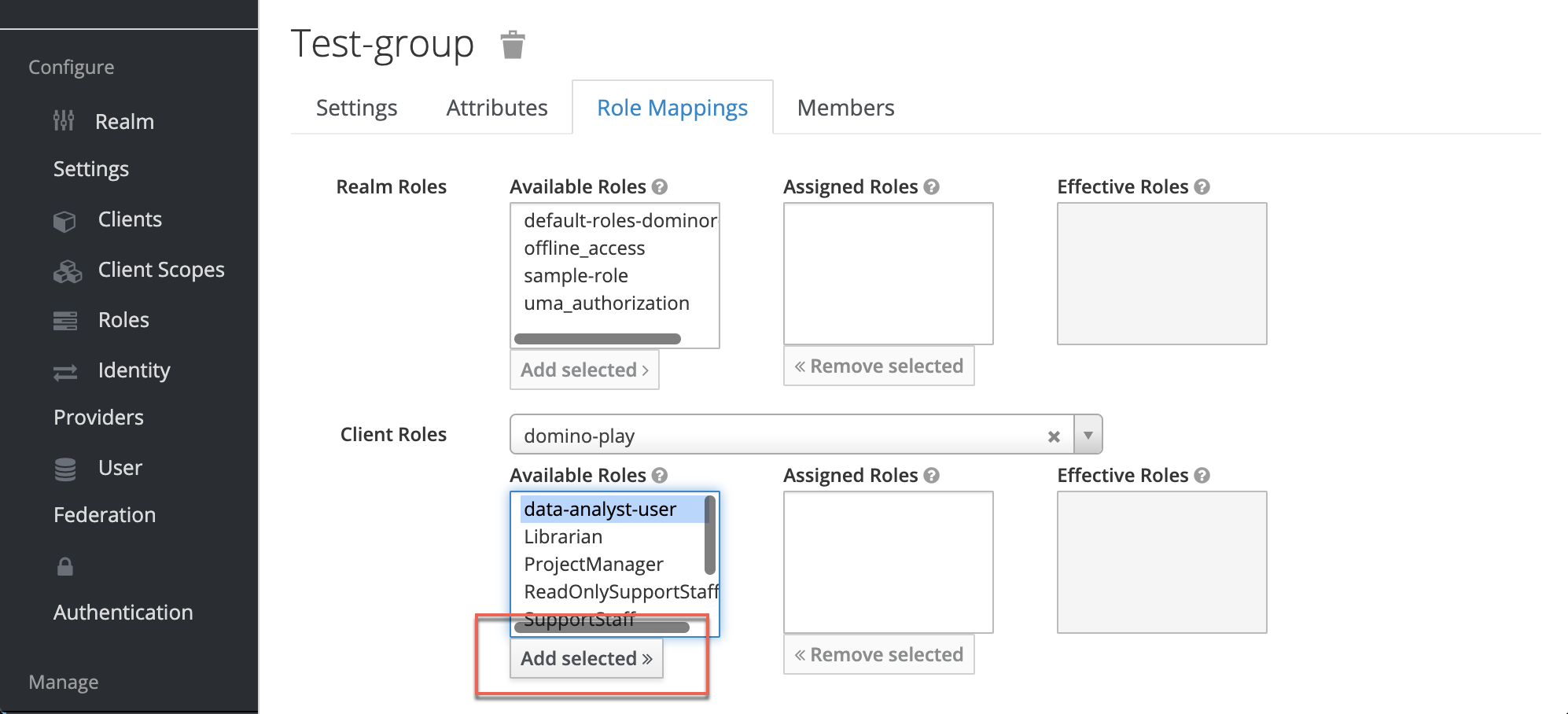 Use Keycloak groups to assign the Data Analyst role