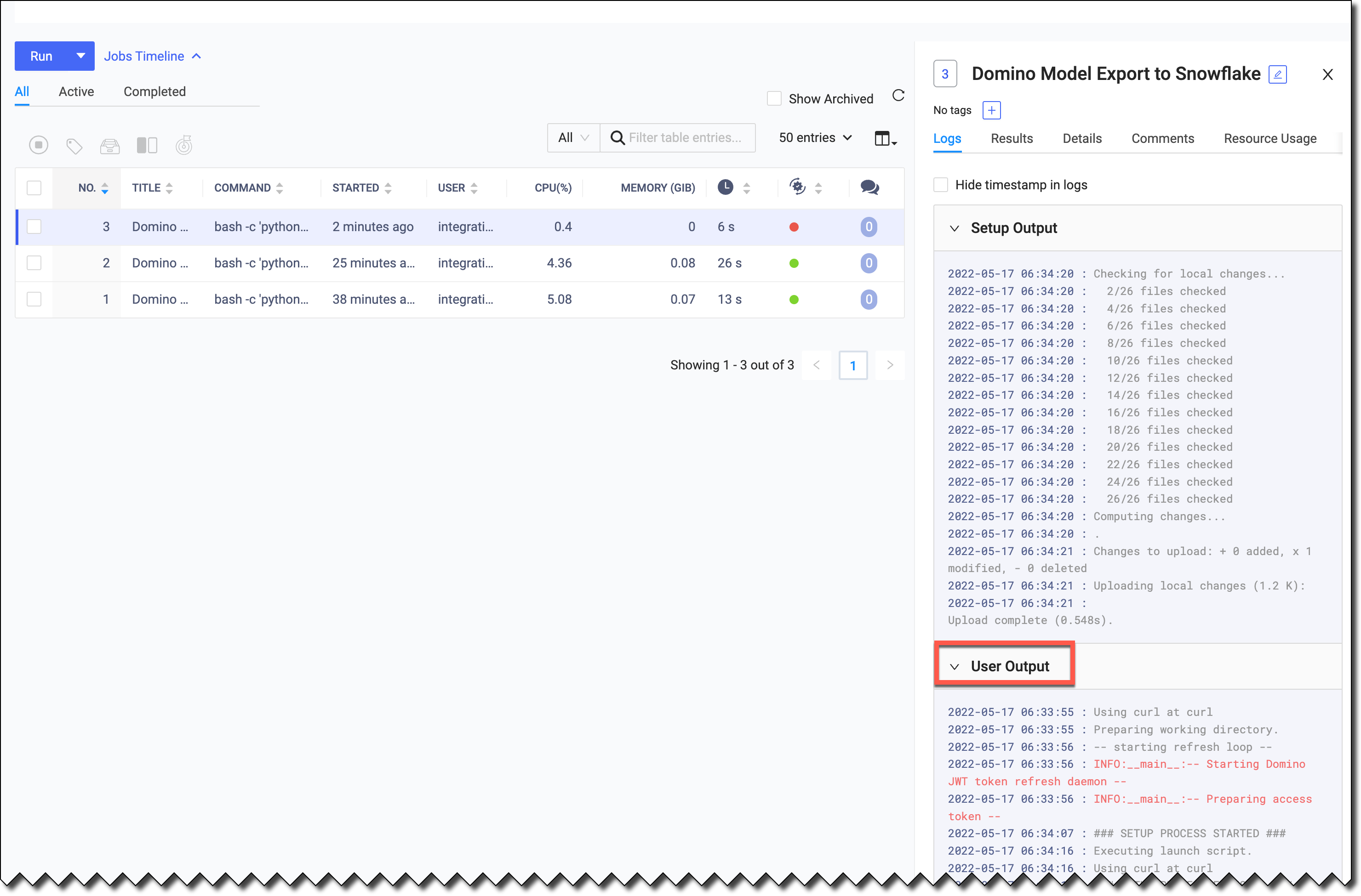 Examine the User Output under the Job