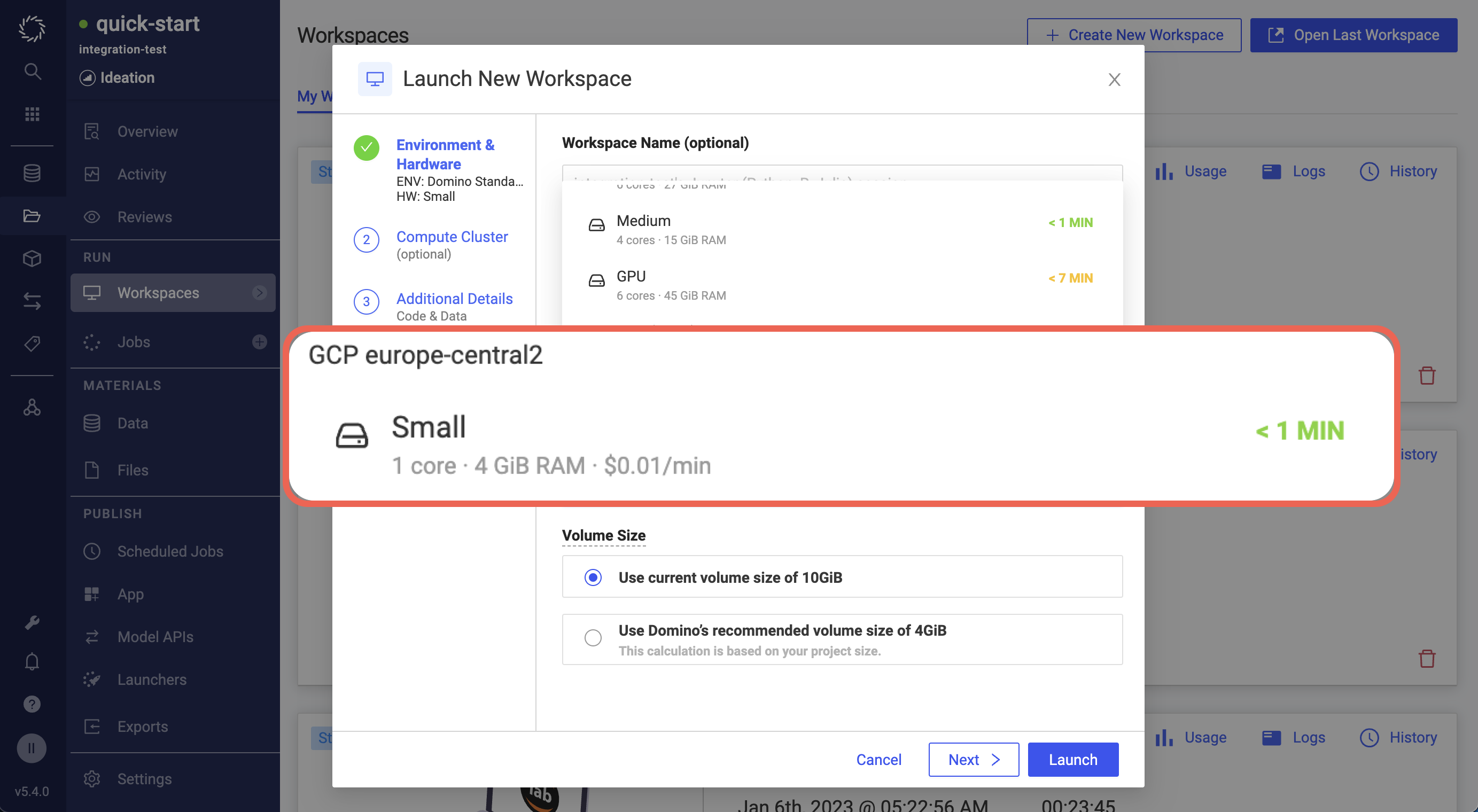 Launch a Workspace and select a hardware tier