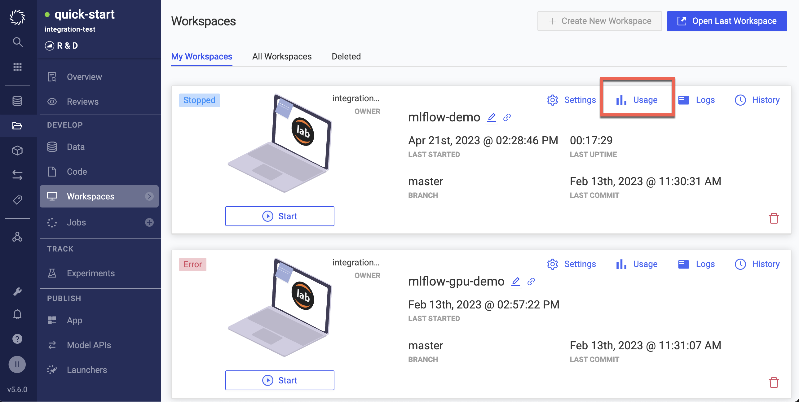 View Workspace usage