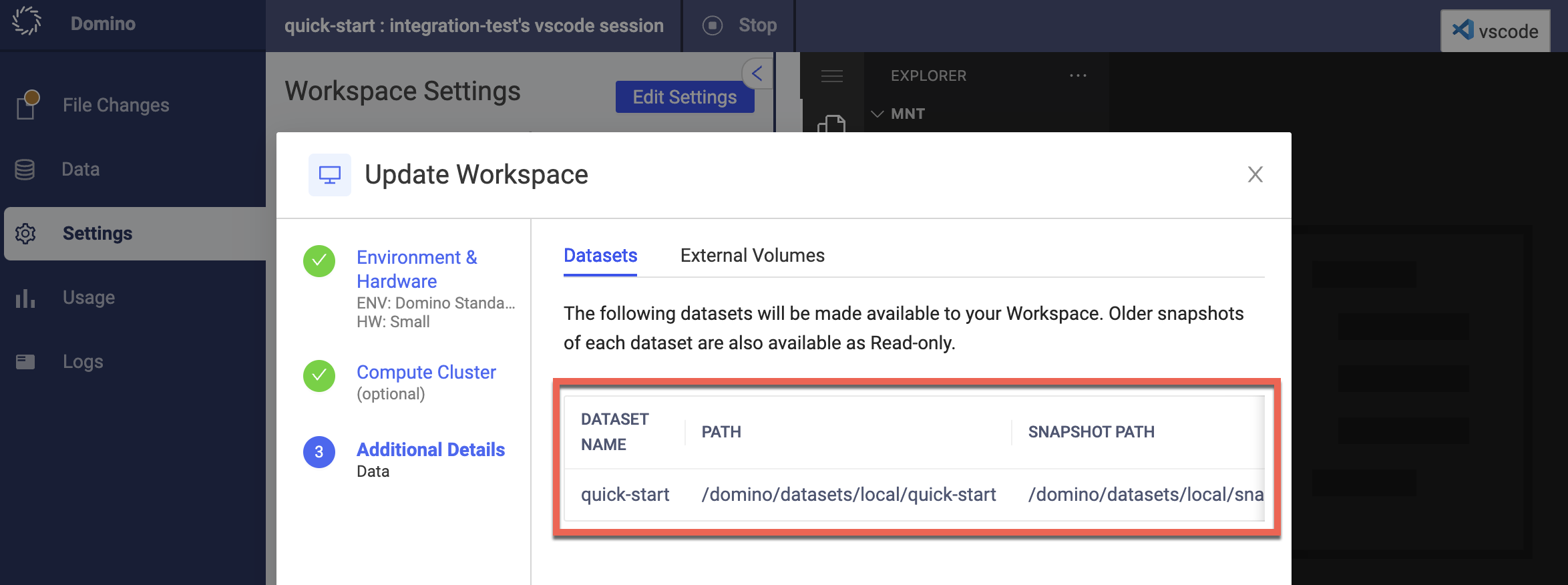 Dataset path in the workspace settings