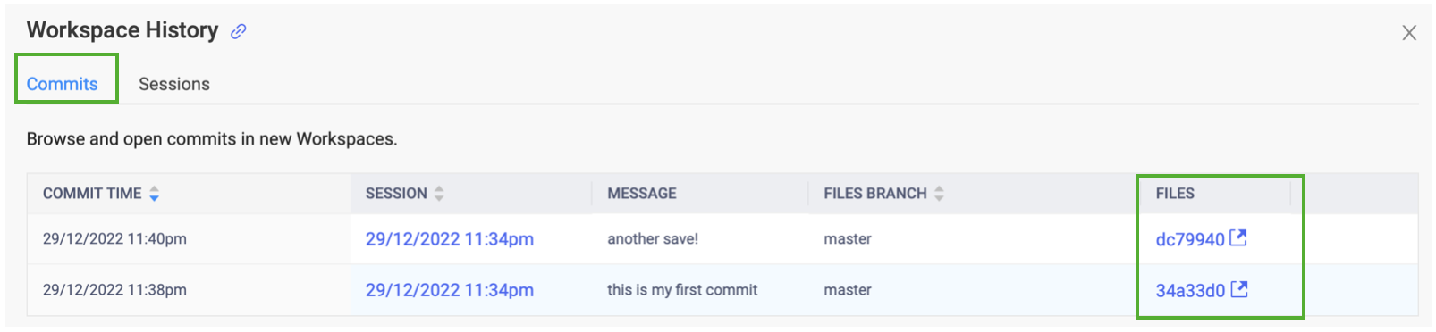 Workspace history commits
