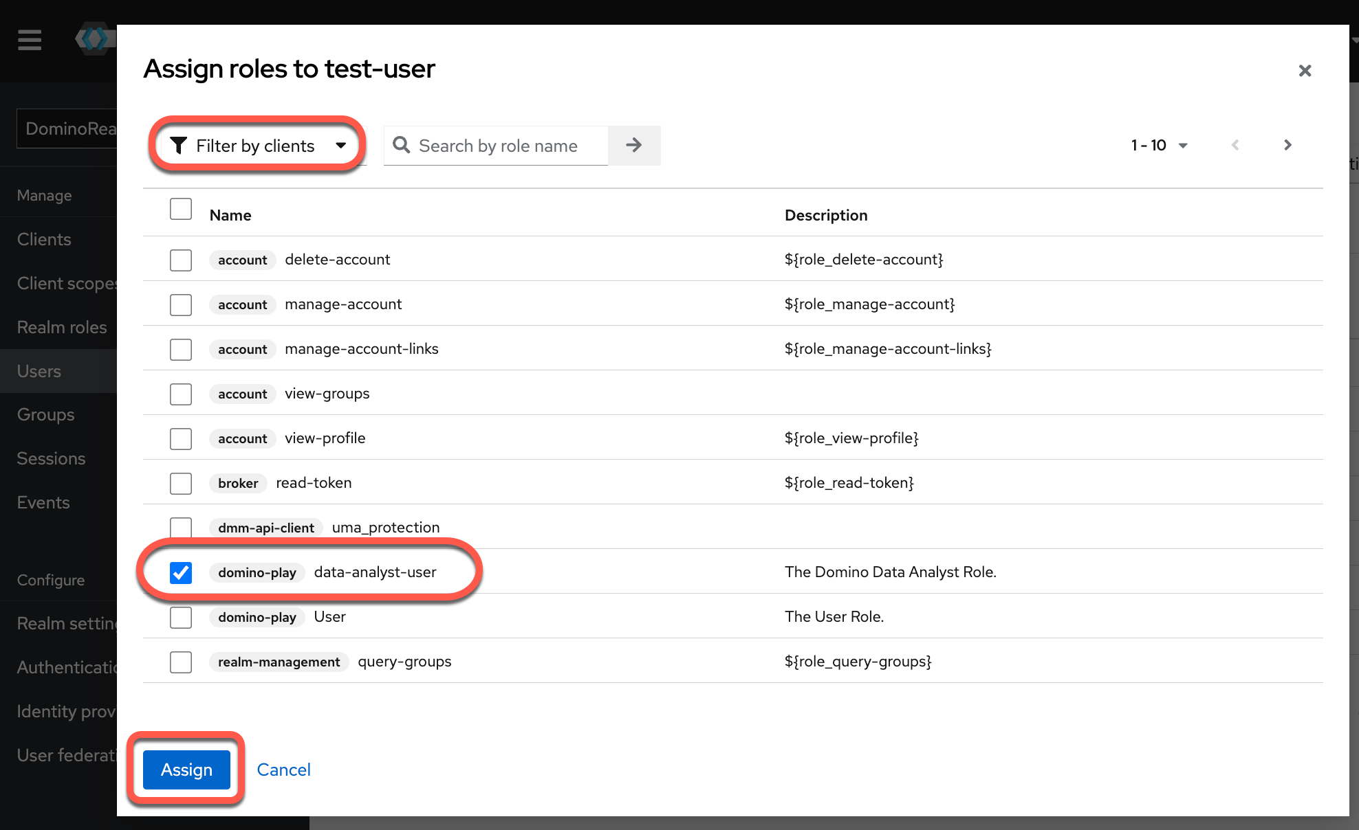 Assign a user to the Data Analyst role in Keycloak