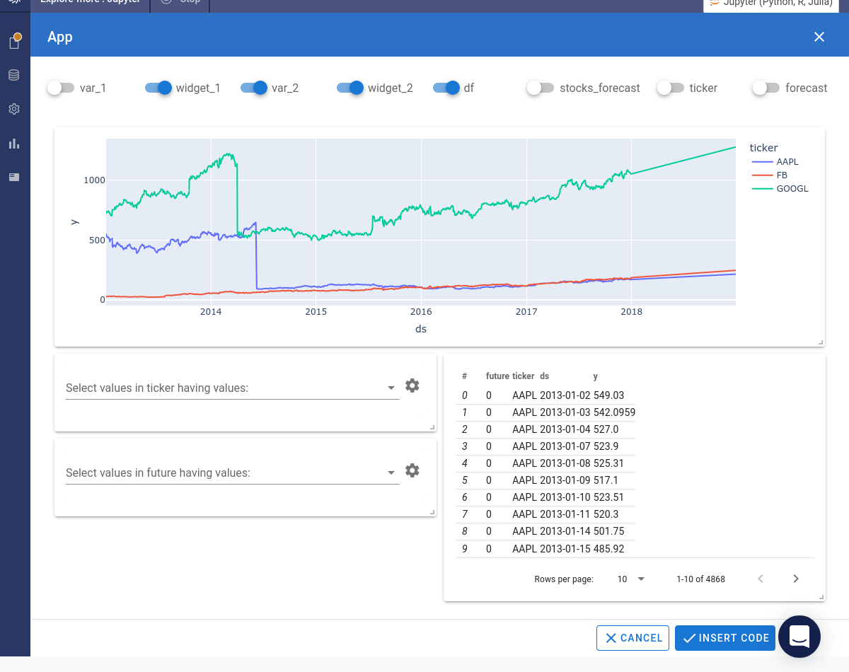 Create an app with the visualization, data, and crossfilter widgets