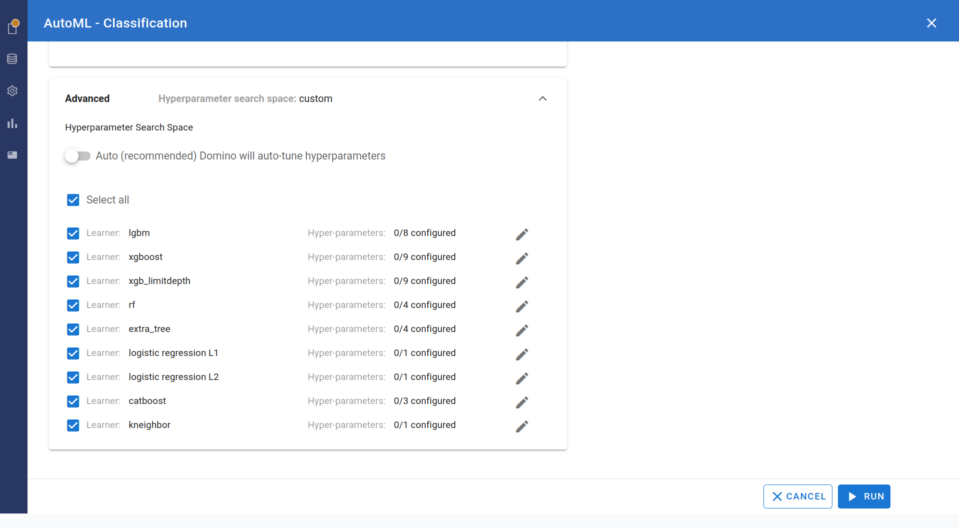 AutoML advanced options, showing classification algorithm candidates