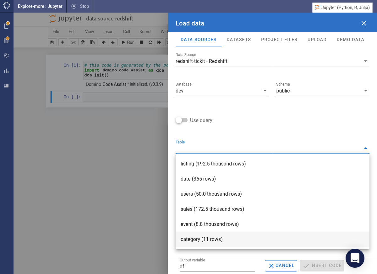 Specify the database and schema then choose a table