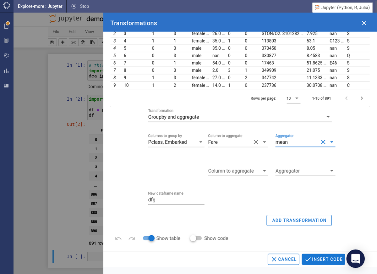 Specify transformaiton options