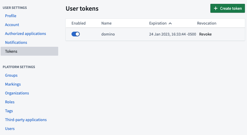 Palantir UI on the Tokens page